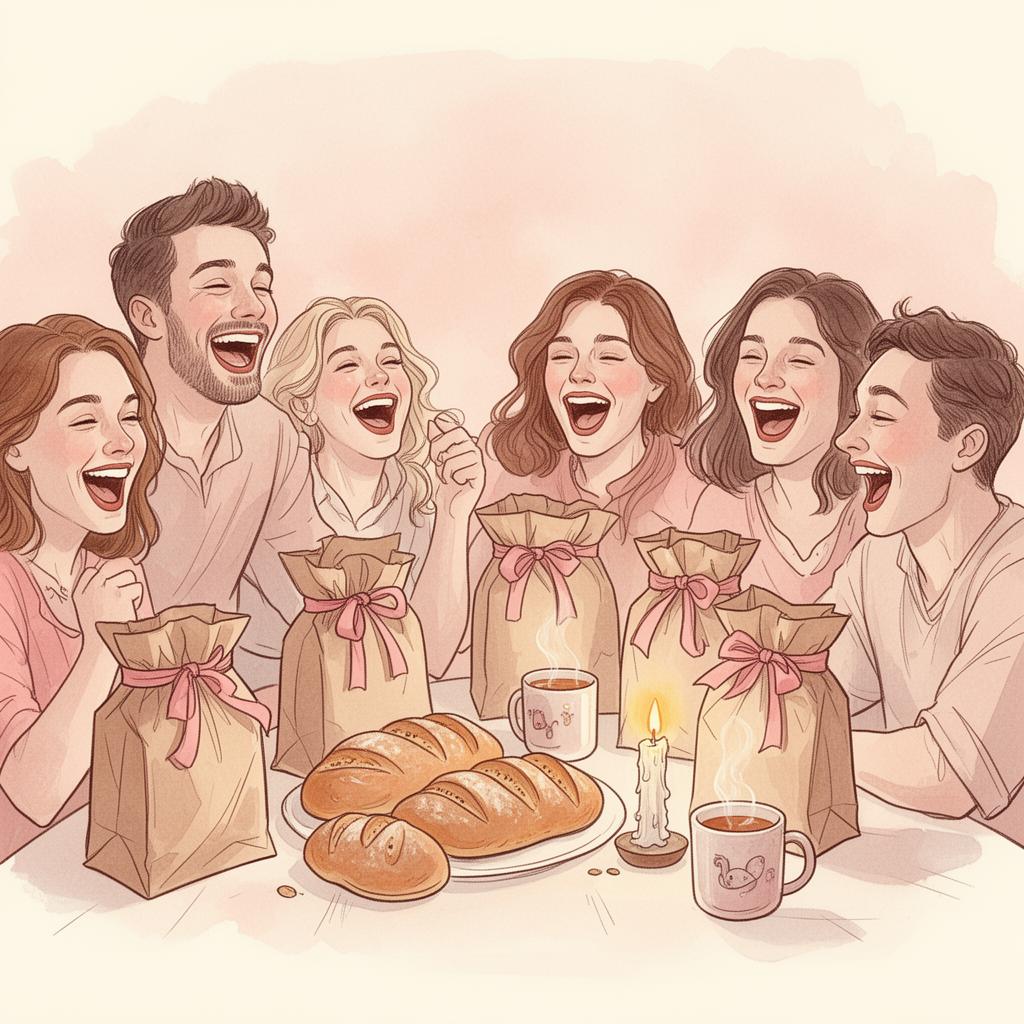 Friends laughing over bread and brown paper bags