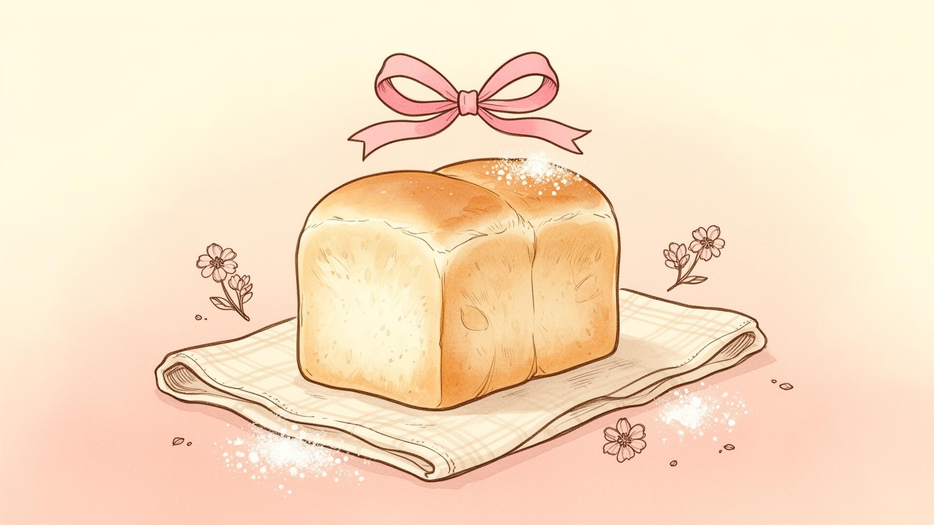 A shokupan loaf on linen with a pink ribbon bow