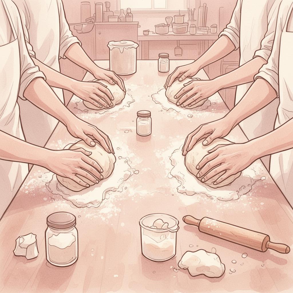 Hands working dough at the studio table
